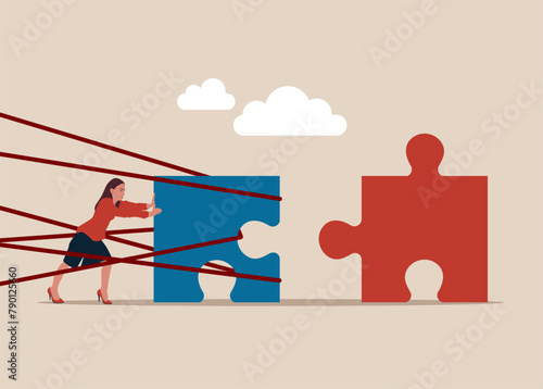 Woman with a jigsaw puzzle. Business difficulty or struggle with career to overcome to success. Symbol of working together, cooperation.