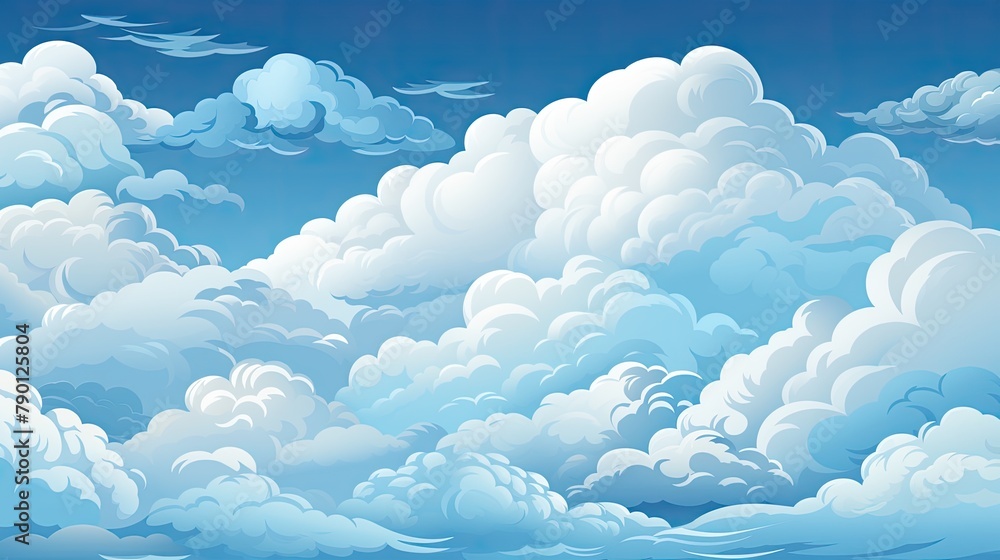 Stylized white clouds in the sky in a cartoon style, print, comic clouds. Sky with clouds painting illustration. White fluffy clouds wallpaper art illustration. Stylized white clouds in the sky in a cartoon style, print, comic clouds. Sky with clouds painting illustration. White fluffy clouds wallpaper art illustration.