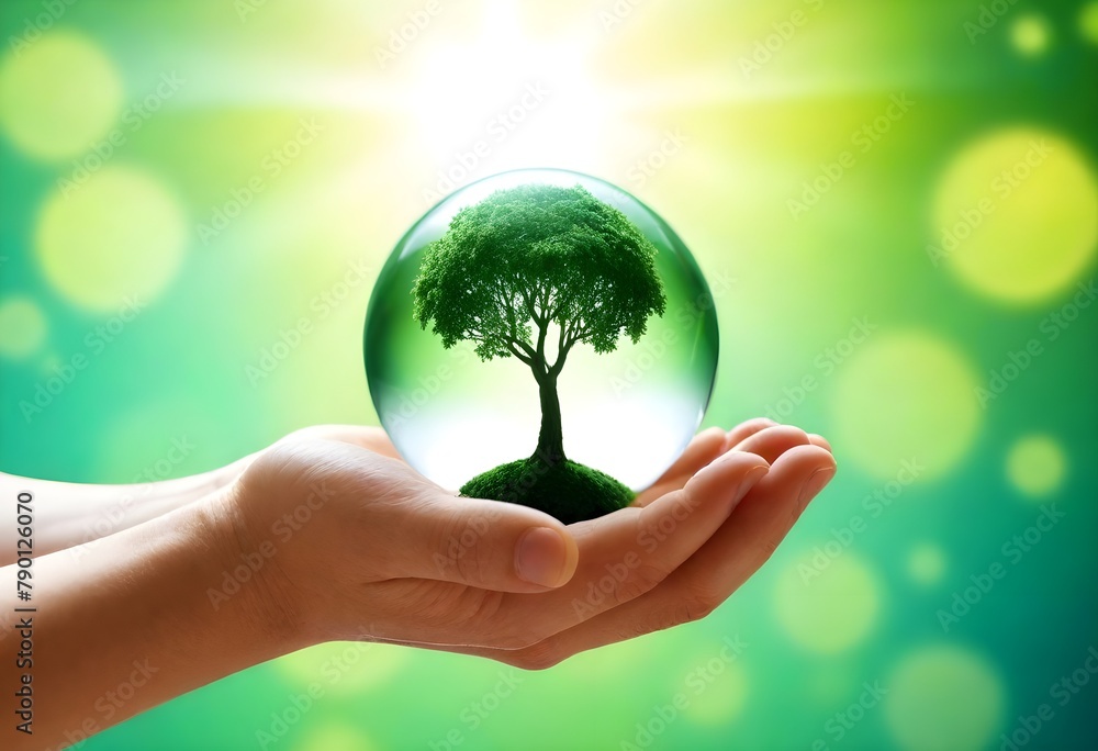 Crystal glass ball with a tree inside in the hand - Earth Day Concept