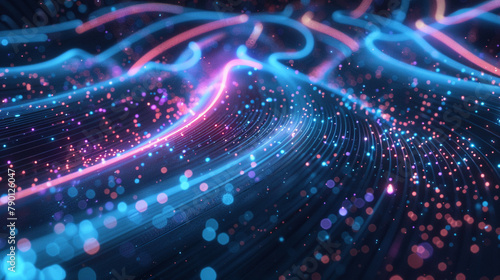 
A futuristic technology wavy background with neon lights pulsating, digital circuits intertwining, glowing particles floating in a dark digital space, photo