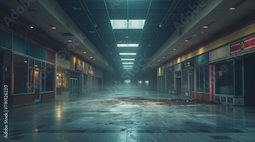 A desolate image of an abandoned shopping center with vacant storefronts, dusty floors, and dim lighting, evoking a sense of eerie silence and neglect photo