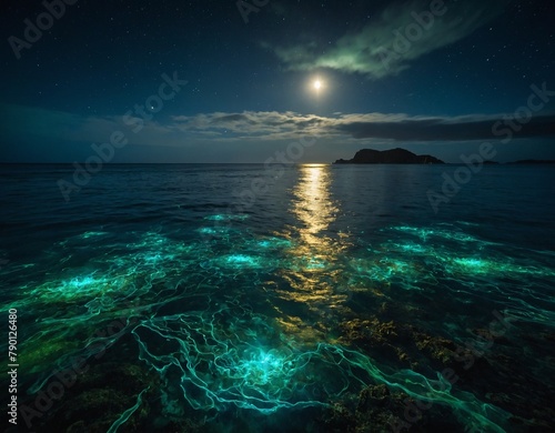 Enchanting shot of bioluminescent plankton lighting up the night ocean waters, creating a magical spectacle of light and color. 