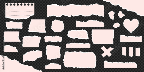Pieces of torn white paper on transparent background.Paper of different shapes and sizes isolated on background. Set of torn paper with rough uneven edges.