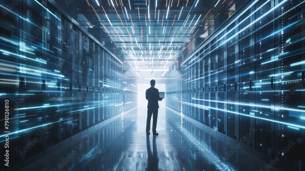 Experienced data center manager stands among state-of-the-art server racks, symbolizing advanced technology leadership Experienced data center manager stands among state-of-the-art server racks, symbolizing advanced technology leadership