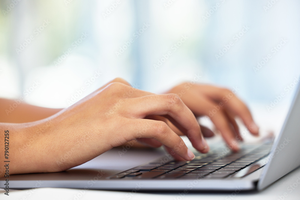 Laptop, hands typing and writer with research for script, screenplay or movie adaptation of novel. Zoom, computer and person with keyboard for editing, inspiration or storyline for production Laptop, hands typing and writer with research for script, screenplay or movie adaptation of novel. Zoom, computer and person with keyboard for editing, inspiration or storyline for production