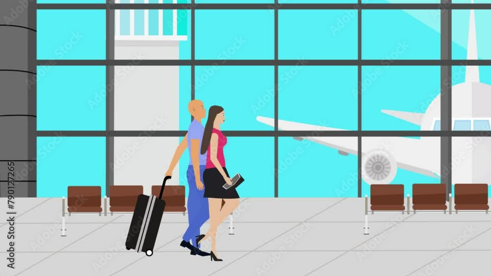 Cartoon Flat animation of Couple walking in the airport with baggage, traveling time Cartoon Flat animation of Couple walking in the airport with baggage, traveling time