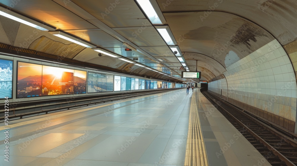 The horizontal poster on the metro station is large The horizontal poster on the metro station is large