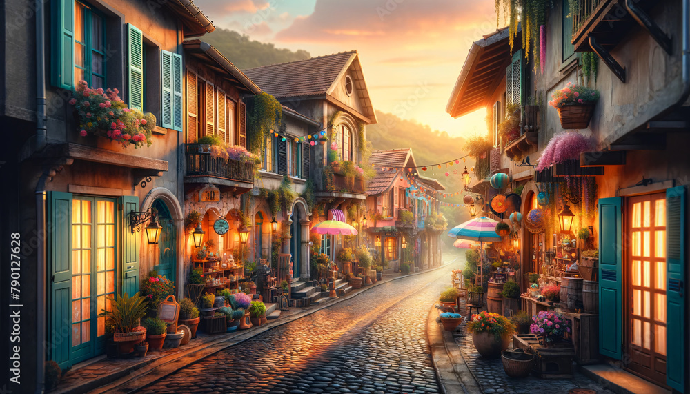a quaint and colorful street scene at dawn - obrazy, fototapety, plakaty 