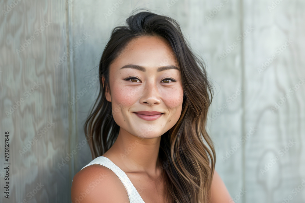 Waist-Up Portrait of Smiling Young Asian Woman with Freckles and Casual Style
Waist-Up Portrait of Smiling Young Asian Woman with Freckles and Casual Style