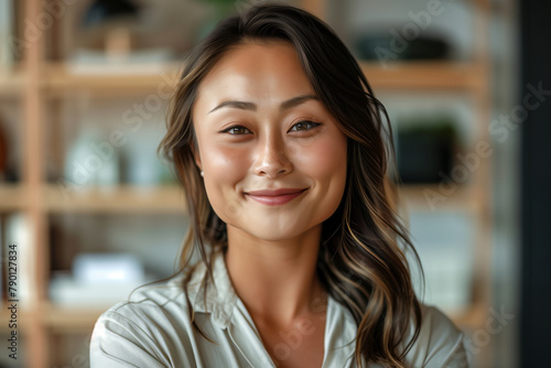 Serene Young Woman with a Subtle Smile in a Bright Modern Office, Ample Copy Space 