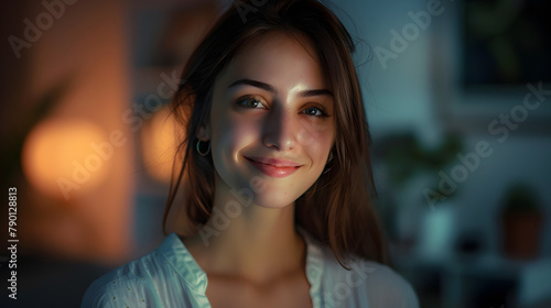 portrait of young happy woman looks in camera