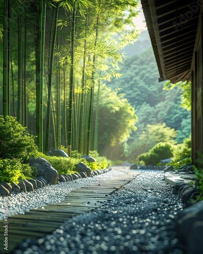 Digital background of a tranquil zen garden with a bamboo grove, FLOORING raked pebble path, TIME early morning, LIGHTING soft, filtered sunlight, ,close-up,ultra HD,digital photograph