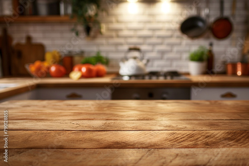 Wooden countertop on a blurred kitchen background  © KotBaton
