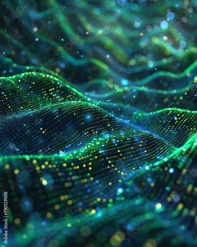 Matrix of glowing software code, abstract wave patterns, cyber blue and green, panoramic view , 3D ,ultra HD,digital photography © Oranuch