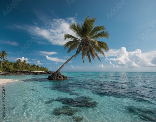 Picturesque seascape with a lone palm tree swaying in the breeze on a deserted tropical island  surrounded by pristine ocean waters. 