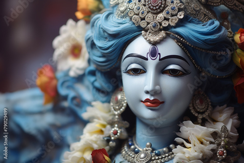 Close-up of a colorful statue with intricate detailing and serene expression