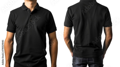 An isolated white background shows a man with a blank black polo shirt, front and back. Design the polo shirt, template and mockup for print. photo