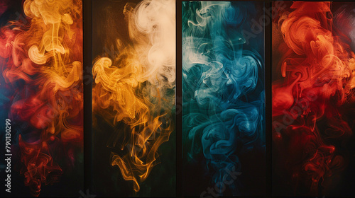 A canvas divided into quadrants, each featuring a different hue and behavior of smoke, symbolizing the four elements. photo