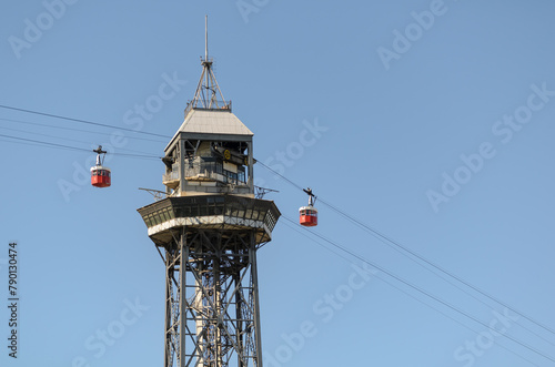 Port Vell Aerial Tramway, Barcelona, Spain. The Tramway crosses Port Vell, Barcelona's old harbour, connecting the Montjuic hill with the seaside suburb of Barceloneta photo