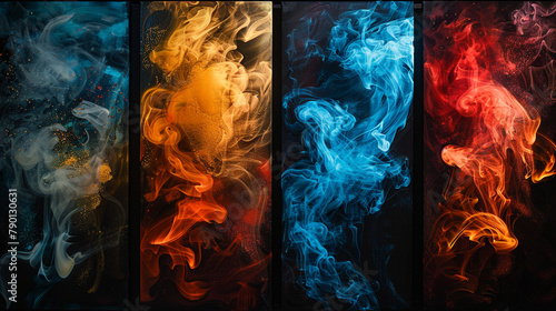 A canvas divided into quadrants, each featuring a different hue and behavior of smoke, symbolizing the four elements. photo