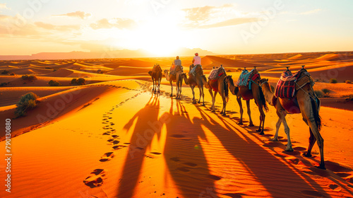 Camel Caravan Trekking Across Desert at Sunset. © NORN