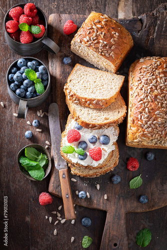 Sweet and healthy whole grain bread as an energetic breakfast.
