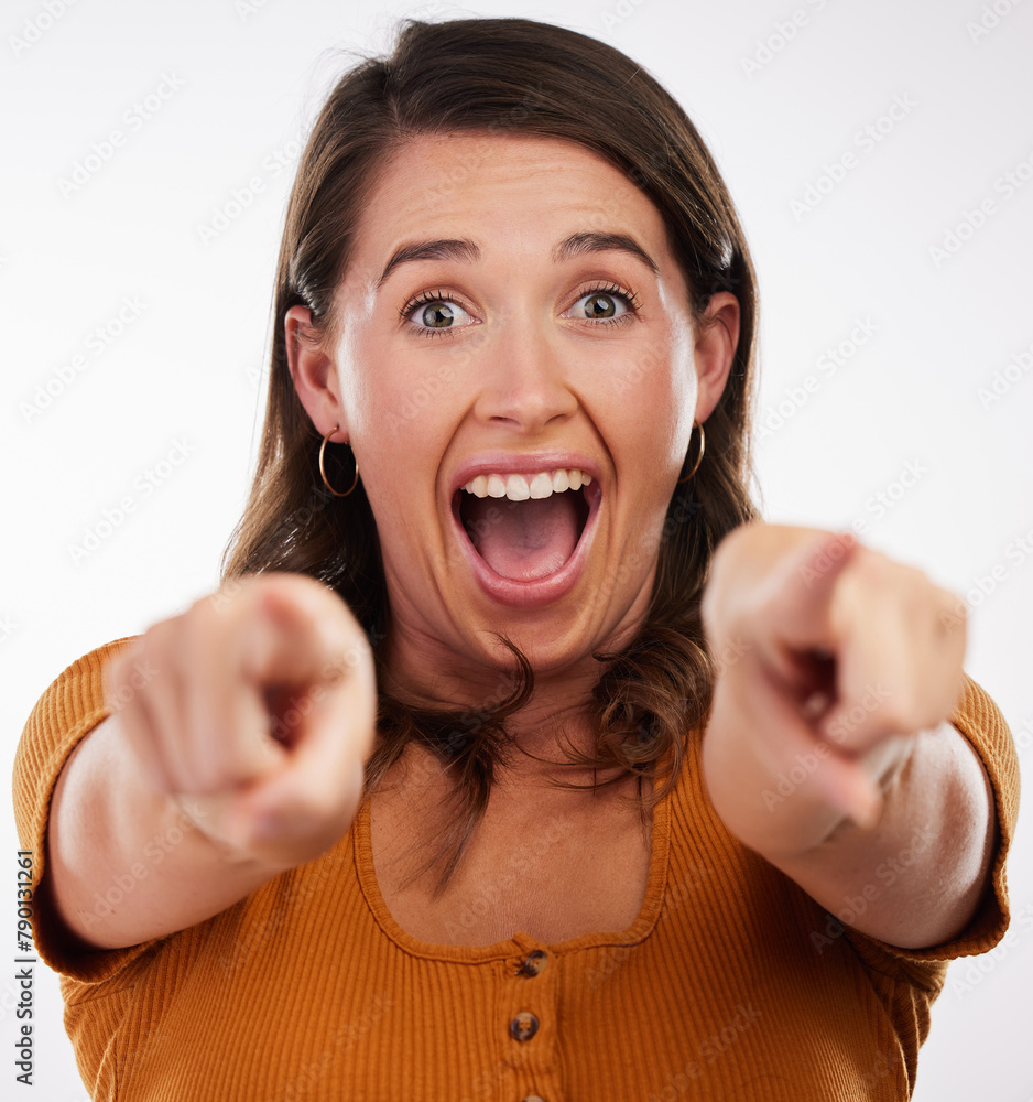 Wow, portrait and woman with hand pointing at you in studio for surprise, vote or invitation on white background. Omg, attention and excited model with emoji shock for competition, prize or giveaway Wow, portrait and woman with hand pointing at you in studio for surprise, vote or invitation on white background. Omg, attention and excited model with emoji shock for competition, prize or giveaway