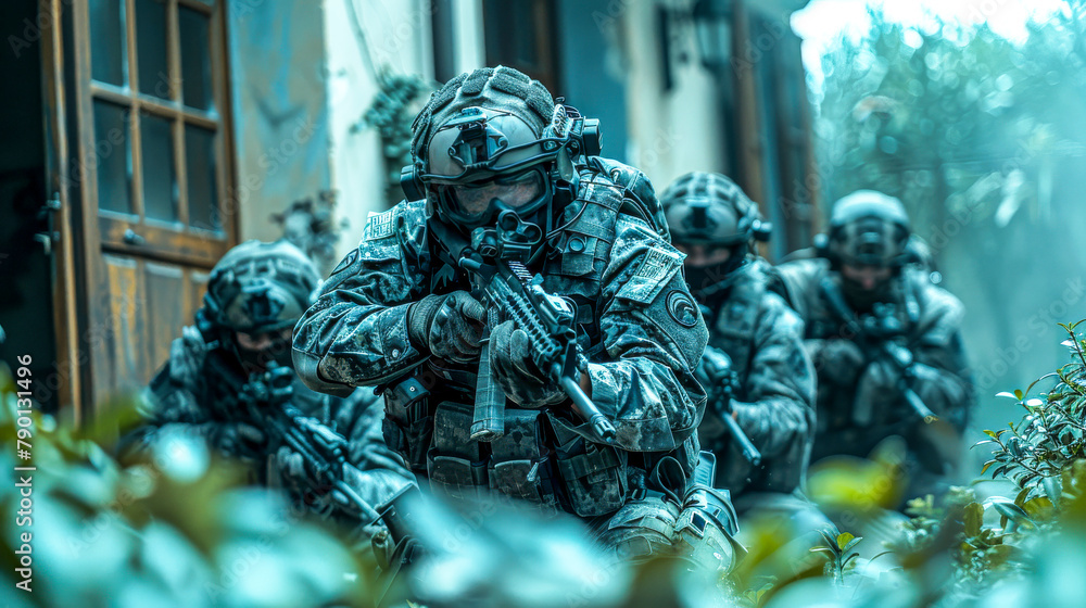 Special Forces Team Advancing in Combat Zone. Special Forces Team Advancing in Combat Zone.