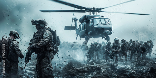 Military Troops Deployment in Rainy Terrain with Helicopter. © NORN