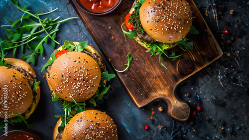 Three sesame seed burgers with fresh greens and tomatoes on a rustic wooden board with condiments.  © Karen