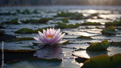 A Fresh and white Beautiful Lotus Flower is Blooming and glowing in the morning in a pond.