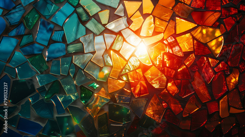 Mosaic of colorful shattered glass reflecting light, abstract background wallpaper