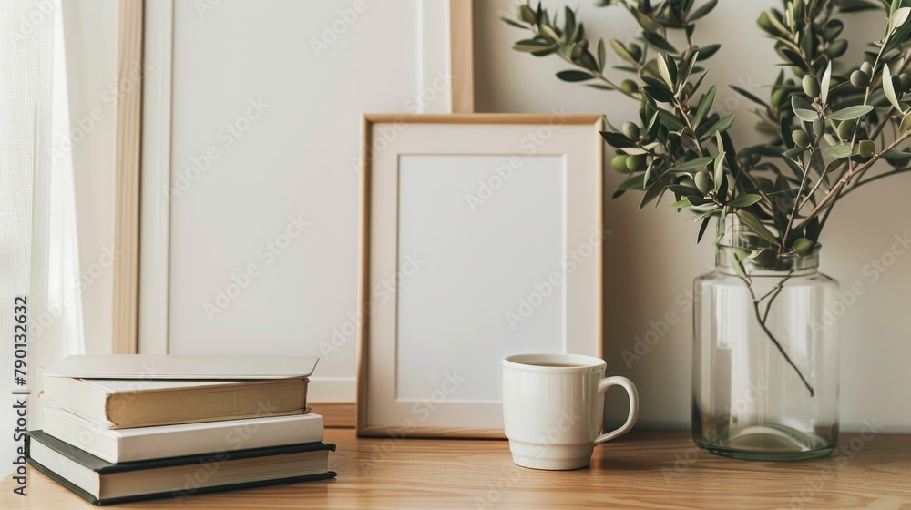 Still life of a breakfast still life composed of a cup of coffee, books, and an empty picture frame mockup on a wooden desk. Vase with olive branches. Scandinavian working space interior concept. Still life of a breakfast still life composed of a cup of coffee, books, and an empty picture frame mockup on a wooden desk. Vase with olive branches. Scandinavian working space interior concept.