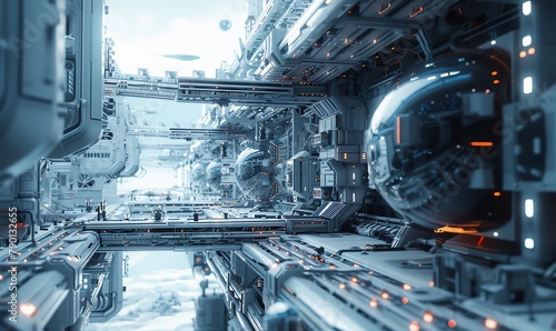 Design a futuristic sci-fi landscape in a tilted angle view, featuring advanced technology, sleek structures, and a sense of innovation Utilize CG 3D rendering techniques to bring this vision to life