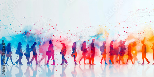Colourful silhouette of a line of international people, overlayed with an emerging digital technology communication diagram, isolated on a transparent background.