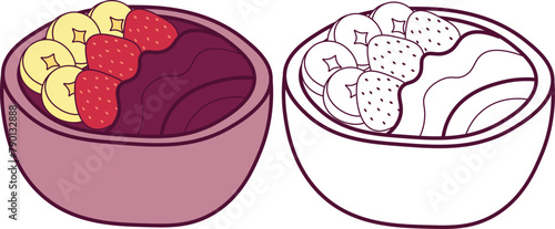 Acai bowl wit banana and strawberry. Vector illustration with colors and white line art.