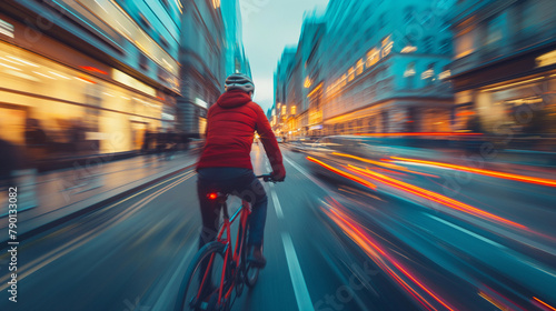 Urban Cyclist Navigating Through City Streets, Dynamic Motion Blur, Commuter Riding at Twilight, Active Lifestyle in Urban Environment, Speed and Movement in Downtown Setting photo