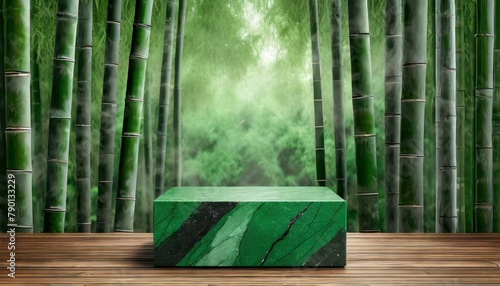 Empty product podium with jade green rectangle and a bamboo forest background 