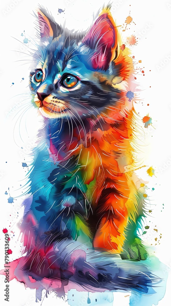 Funny cat poster design in multicolor watercolor wallpaper style