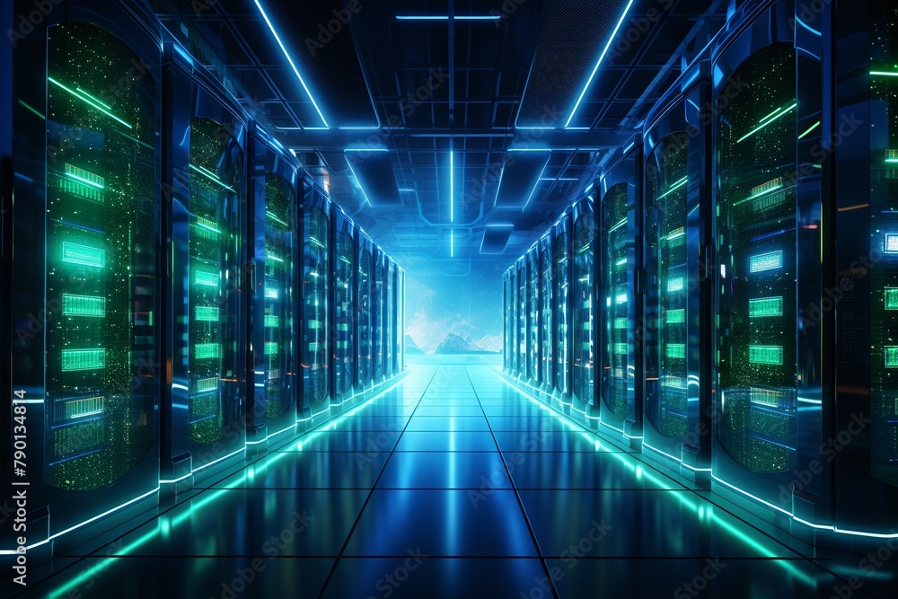 Highangle shot of a corporate data center with rows of server racks, blue and green LED lights, concept of cloud computing and data security , 3DCG,high resulution,clean sharp focus