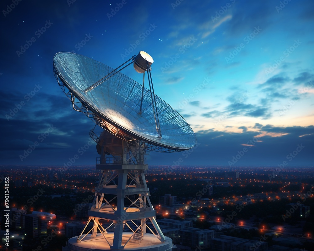 Satellite dish on a high building against twilight sky, concept of global communication networks, space for text on the left , 3DCG,high resulution,clean sharp focus