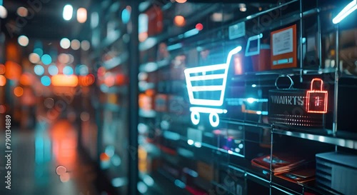 An illustration of a shopping cart with a futuristic background. photo