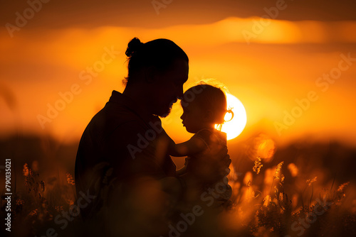 A father and child's silhouette at sunset, isolated on a bonding orange background, reflecting the warmth of fatherhood for World Father's Day