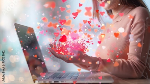 Creating an abstract template collage of a woman's hand algorithm giving likes and hearts to her social media laptop and a successful blog strategy photo