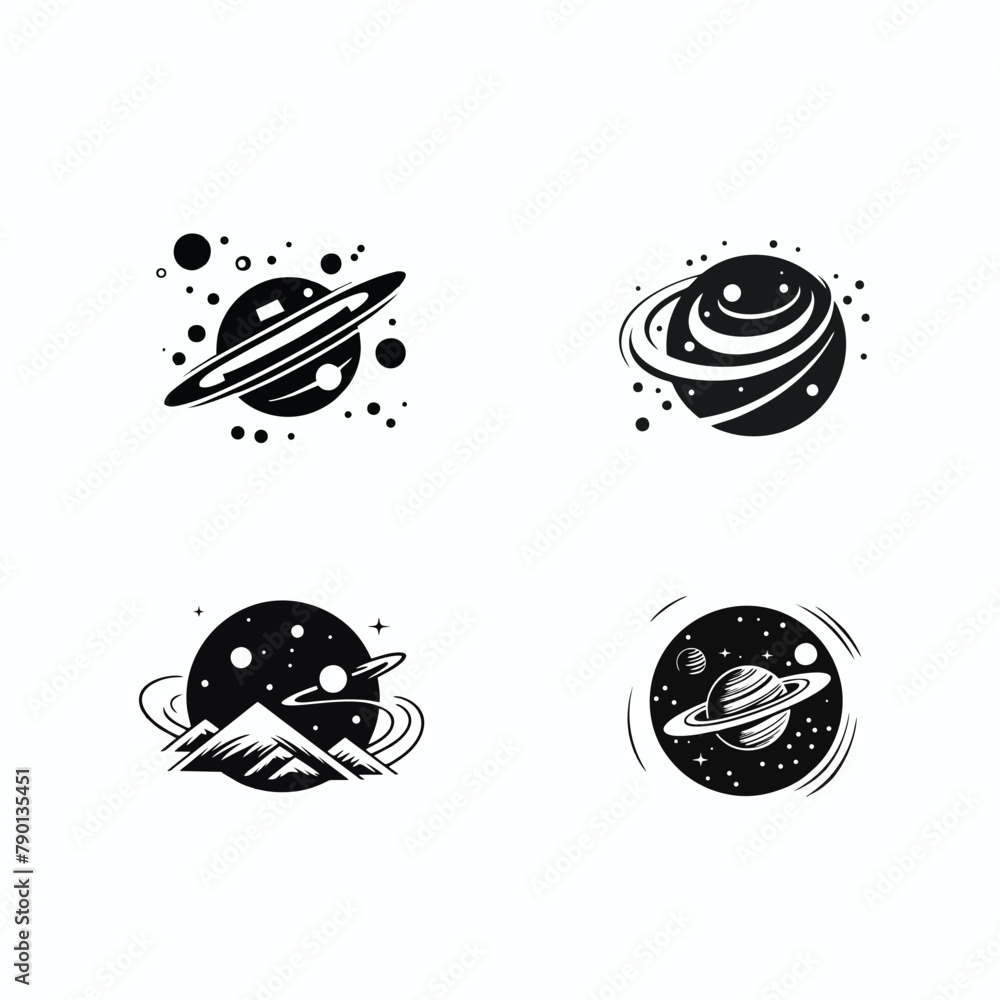 Set of space emblems, outer space logos, planet logos, flying rockets, technology, science on black and white white background.
