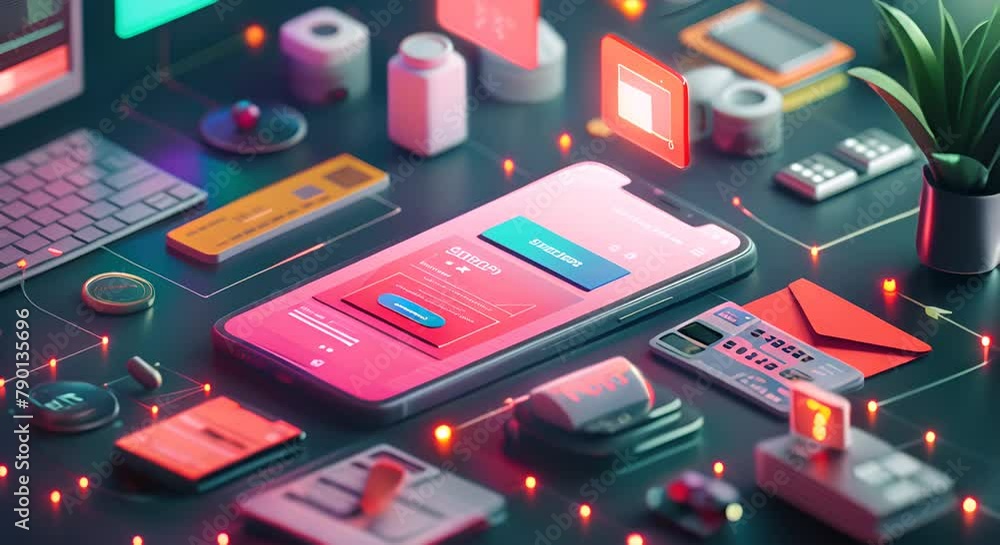 isometric 3d render of a smartphone with a shopping app on the screen, surrounded by various 3d objects isometric 3d render of a smartphone with a shopping app on the screen, surrounded by various 3d objects