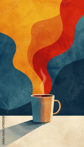 Abstract composition of deep blue, orange-red, and yellow-orange colors with a cup of tea, symbolizing life's journey.