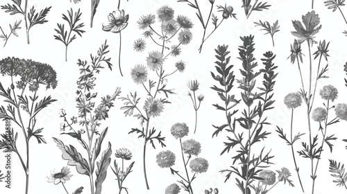 Hand drawn monochrome floral seamless pattern with go