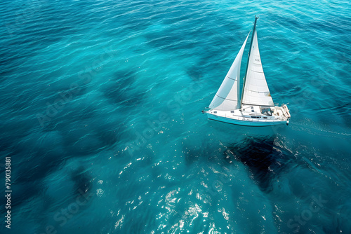 A sailboat navigating through clear blue waters, isolated on a marine conservation turquoise background, for World Ocean Day