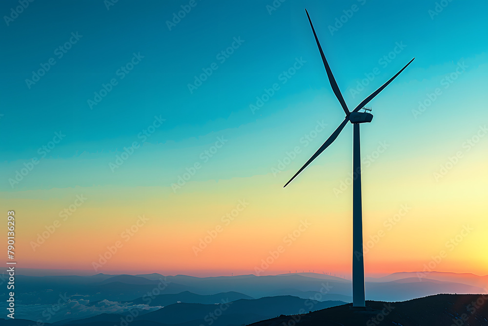 Obraz premium A wind turbine silhouette at dawn, isolated on a renewable energy cerulean background, symbolizing sustainable power for World Environment Day